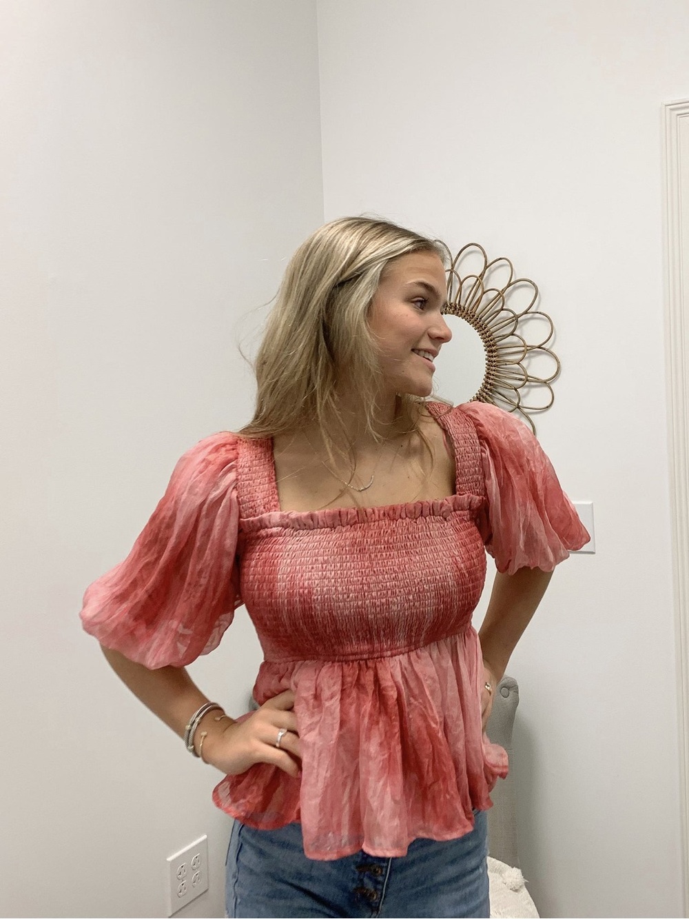 GPD Women's Smocked Square Neck Puff Sleeve Top Iridescent Dusty Rose M Romantic
